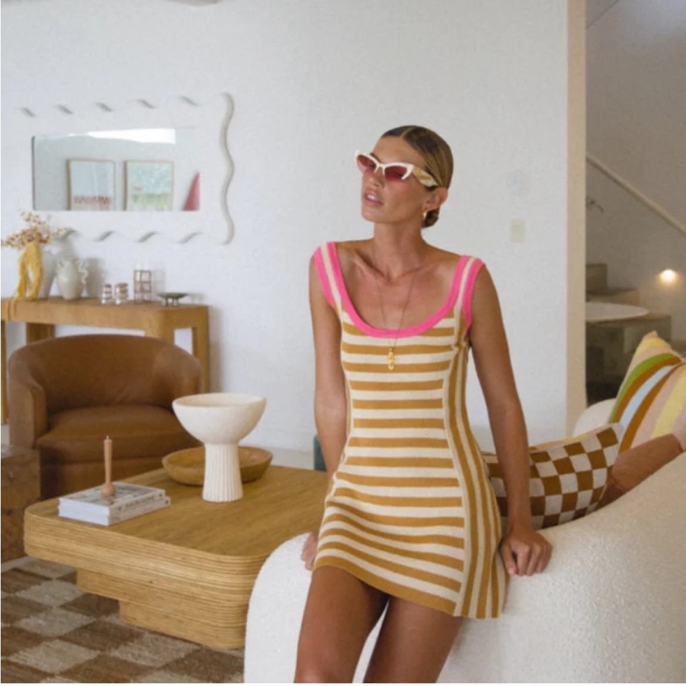 Striped Knit Mini Dress with Pink Trim